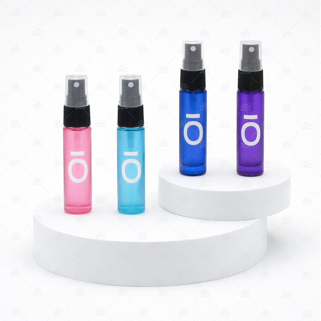 10 ml doterra deluxe frostet sprayflasker i rosa blå lilla og turkis på hvit display