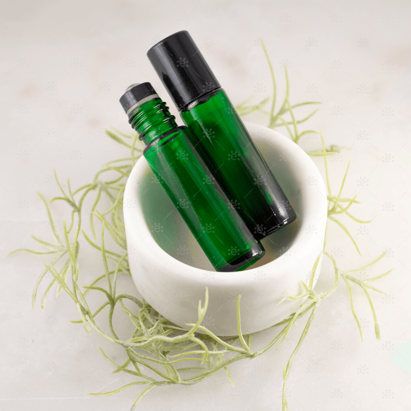 10ml Green Glass Roller Bottle with Black Lid & Premium Stainless Steel Rollerball - 5 pack (NEW STYLE)