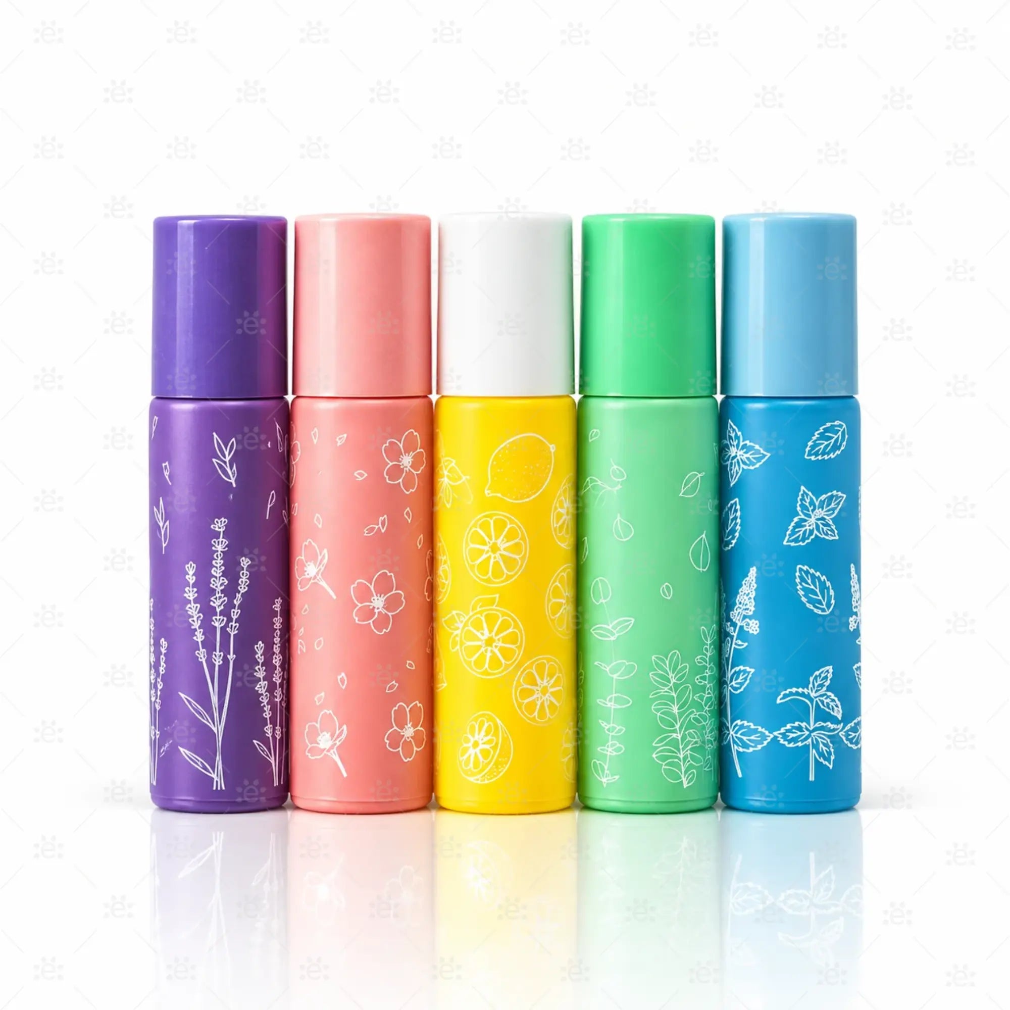 Fem 10 ml HAPPY FLOWER rollerflasker i ulike farger med dekor inspirert av blomster, sitrus og blader.