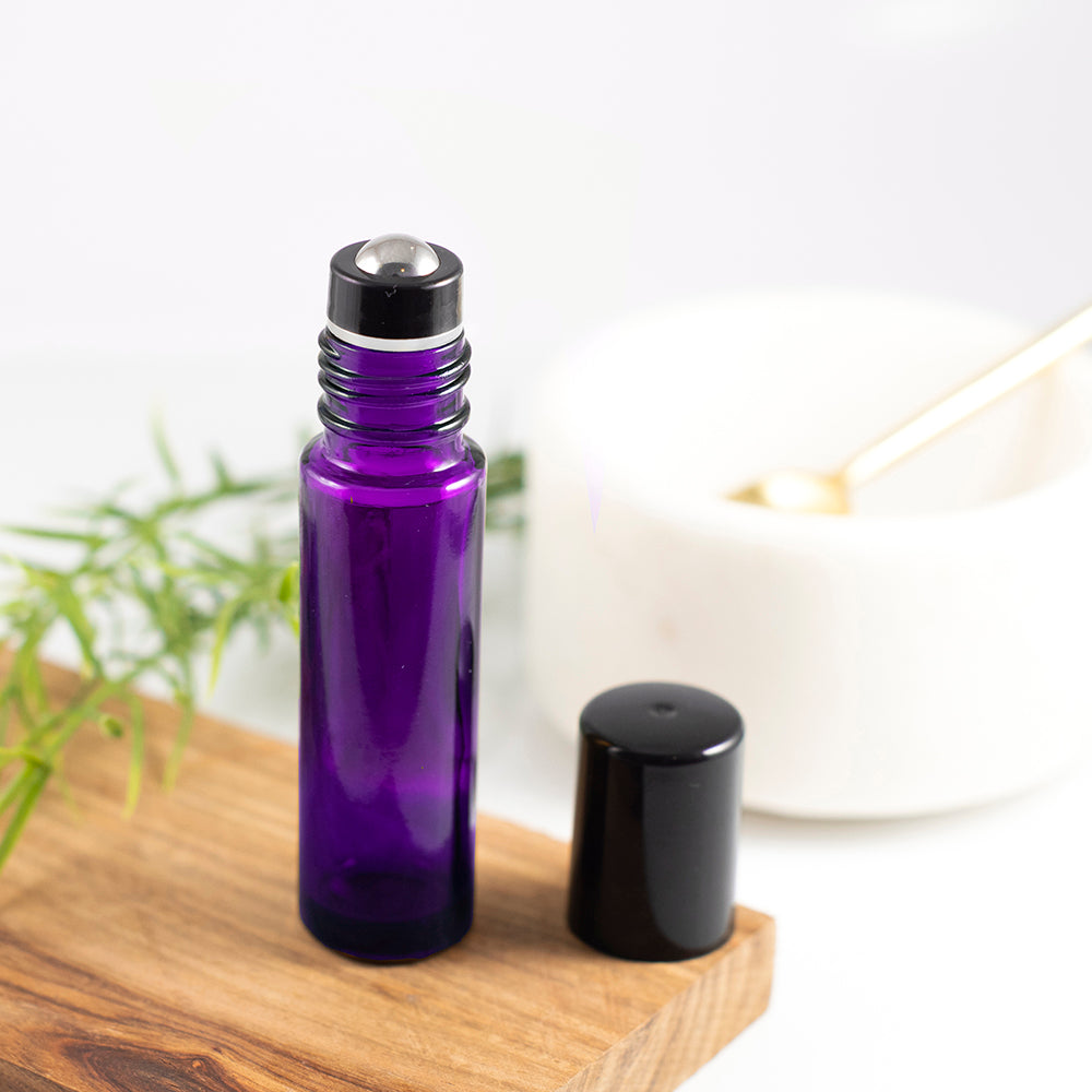 10ml Purple Glass Roller Bottle with Black Lid & Premium Stainless Steel Rollerball - 5 pack (NEW STYLE)