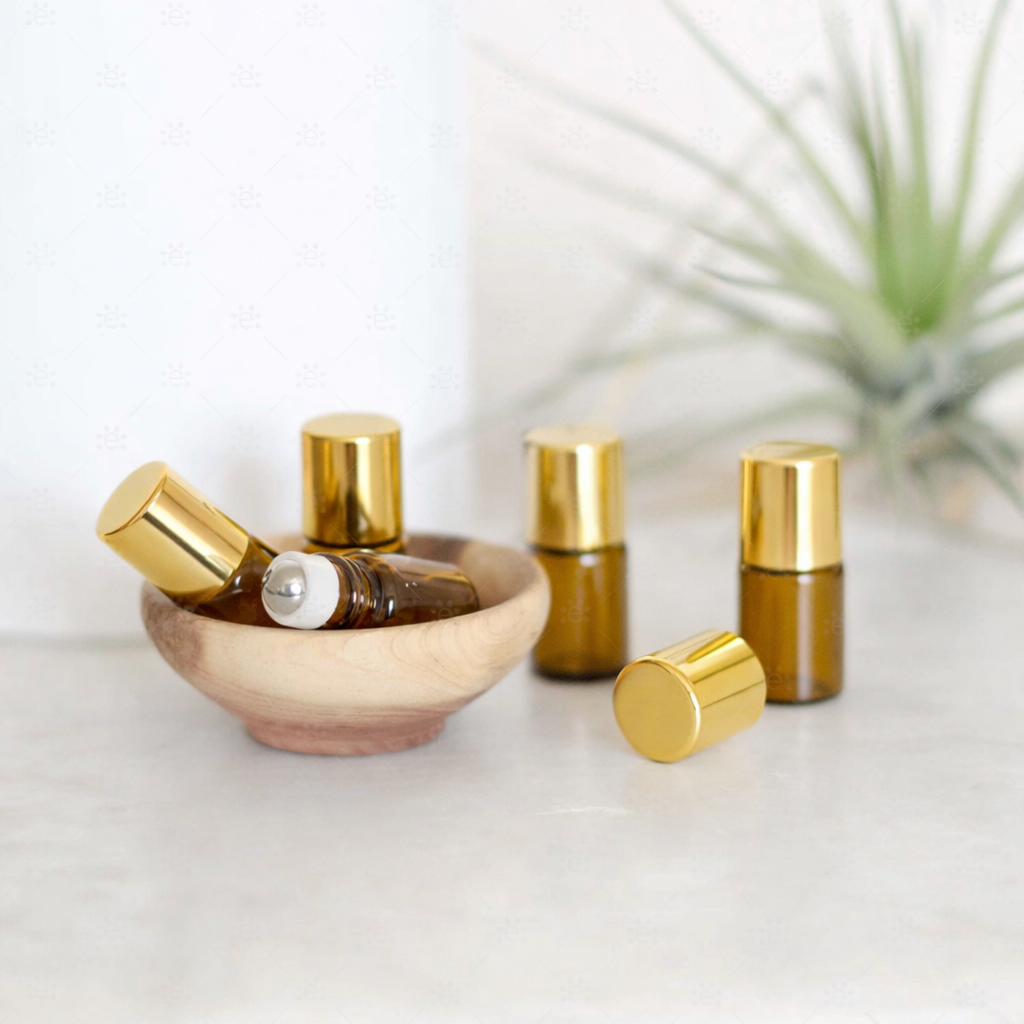 2 ml (5/8 dram) brune rollerflasker med gullfarget kork (5-pk)