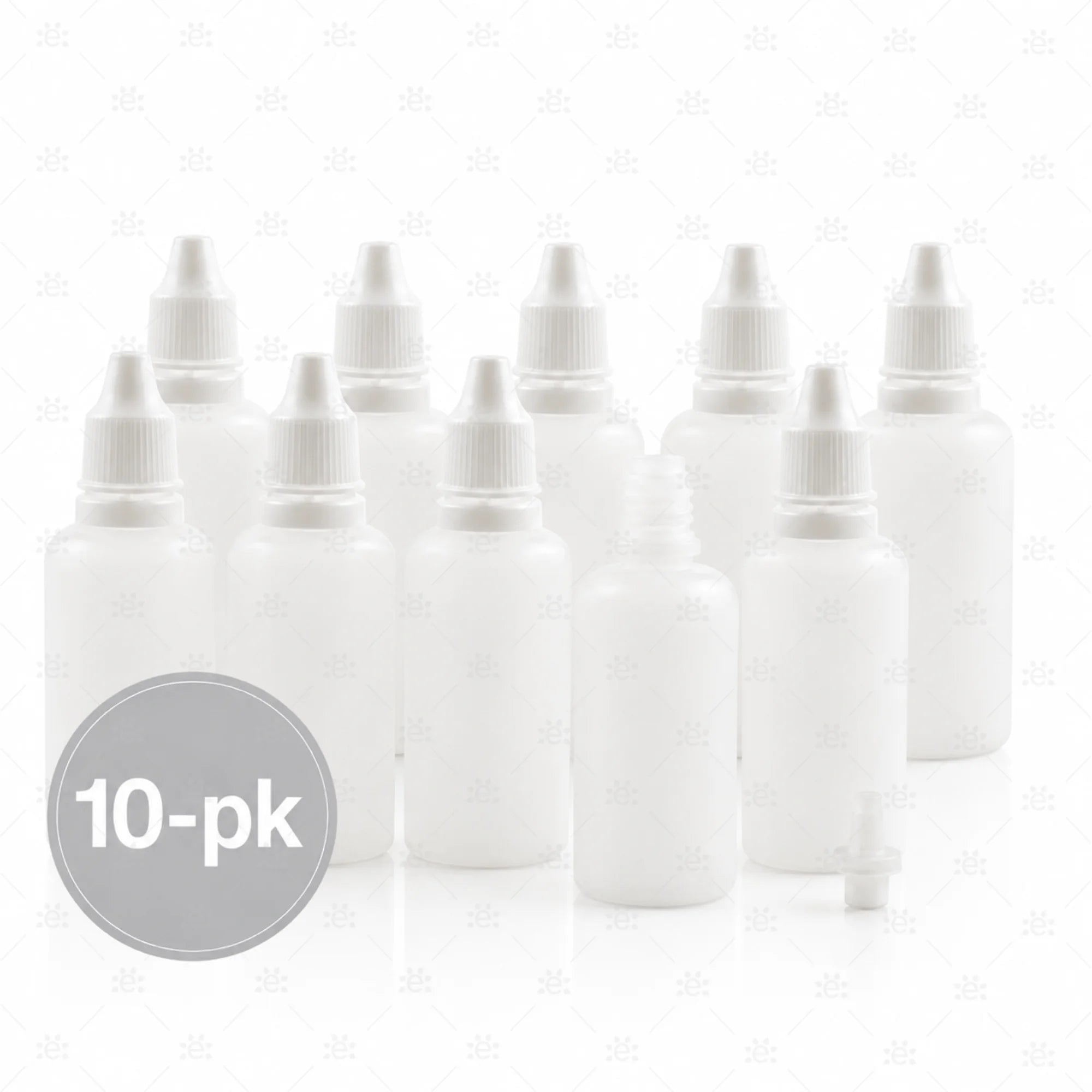 10-pk hvite 30 ml plastflasker med dråpetopp.