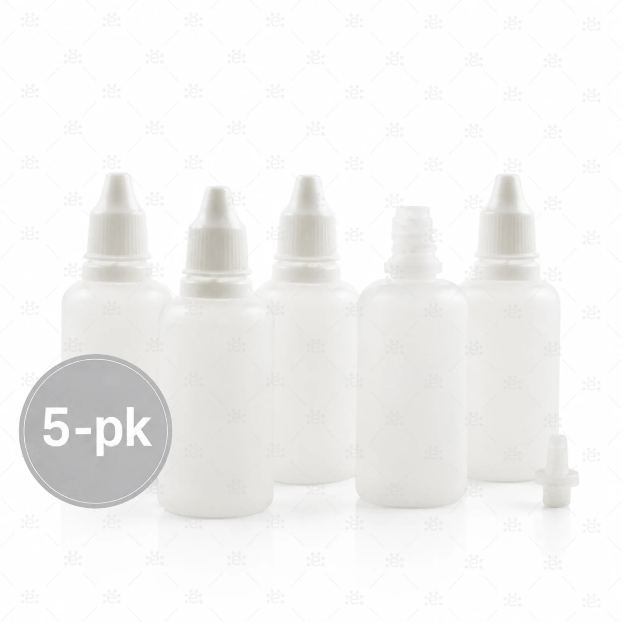 5-pk hvite 30 ml plastflasker med dråpetopp.