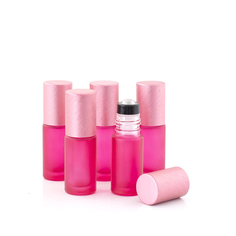 Deluxe Frosted 5ml Pink Roller Bottles with Pink Metallic Caps & Premium Rollers (5 pack)