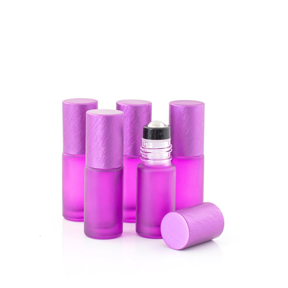 Deluxe Frosted 5ml Purple Roller Bottles with Purple Metallic Caps & Premium Rollers (5 pack)