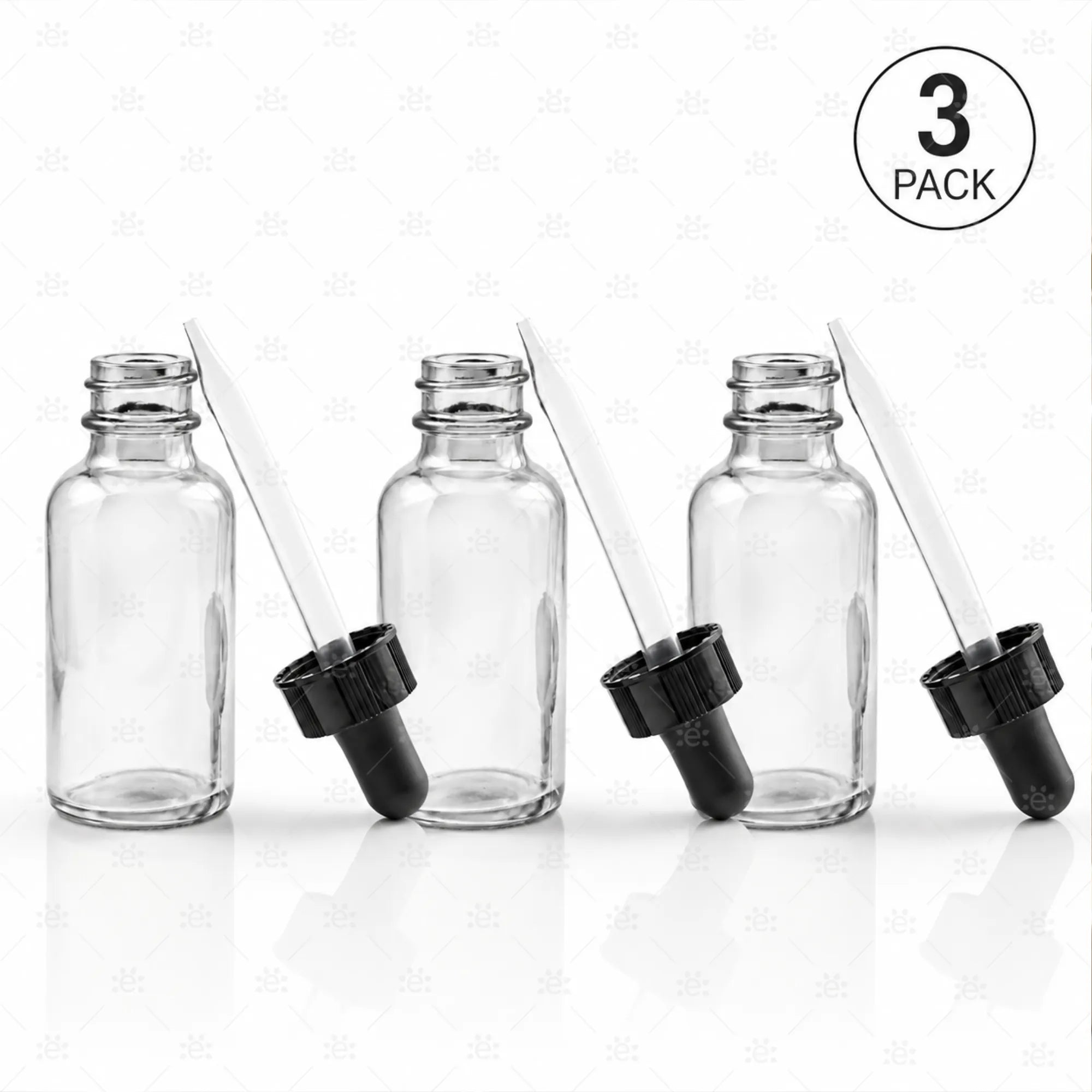 Tre klare pipetteflasker i glass med svarte pipetter, 3-pakning