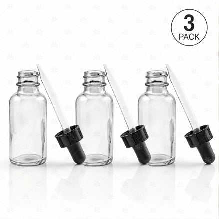 Tre klare pipetteflasker i glass med svarte pipetter, 3-pakning