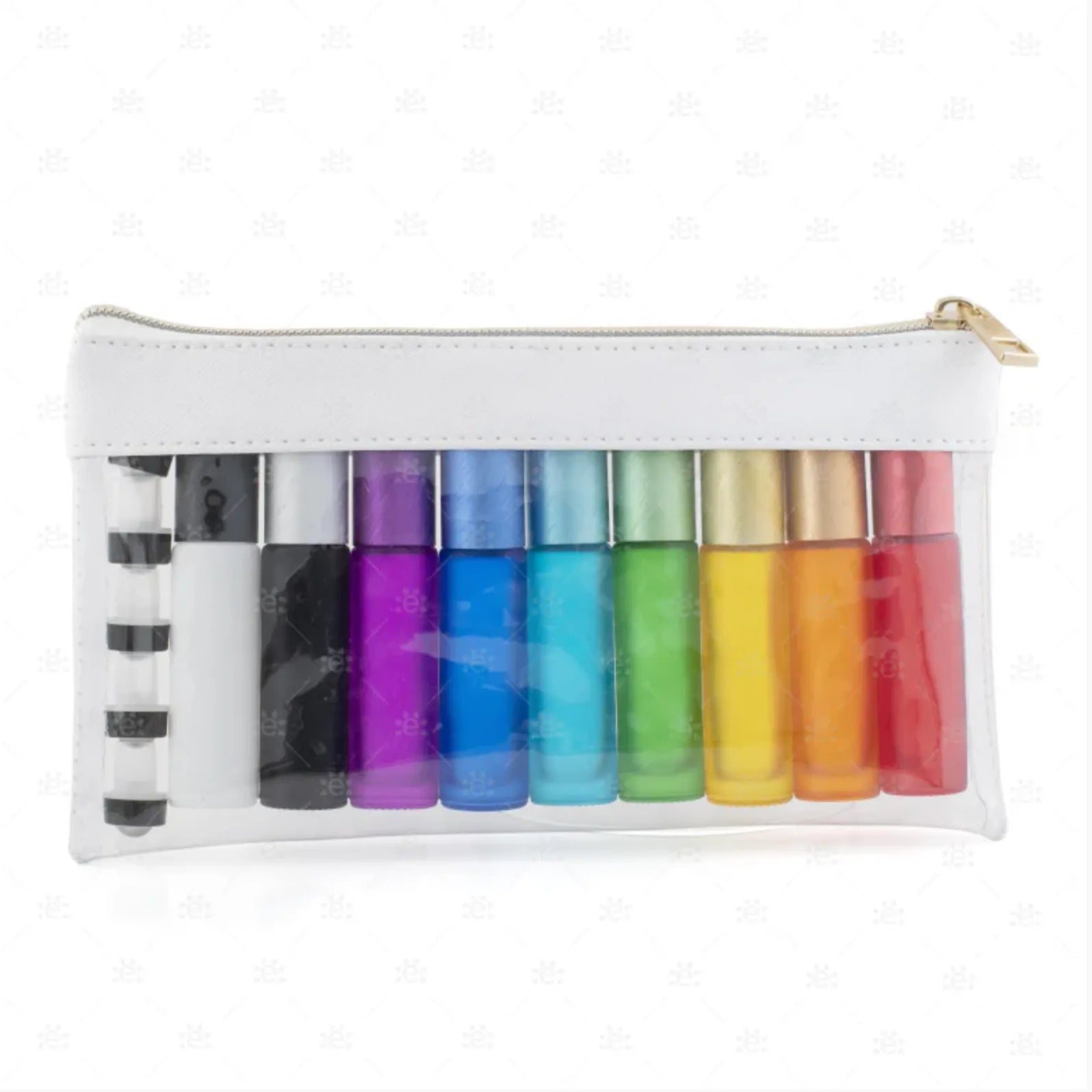 Deluxe frosted rollerflasker 10 ml oppbevart i gjennomsiktig reiseetui med glidelås