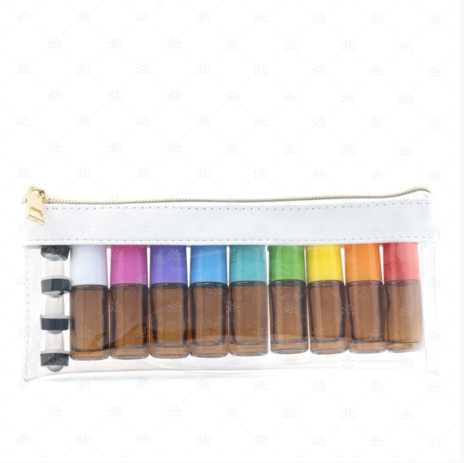 5 ml reisesett – brune rollerflasker med EOS-signatur og fargede plastkorker i reiseetui (9-pk)