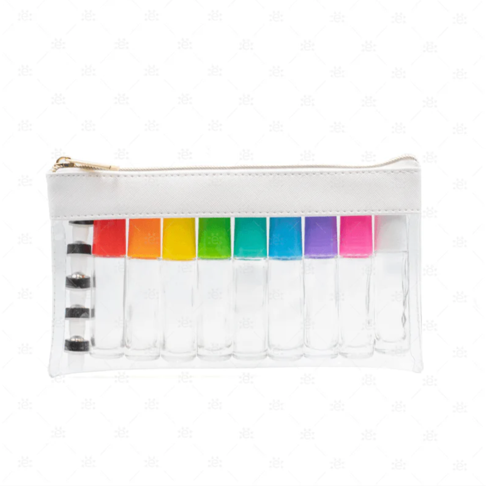 10 ml reisesett – klare rollerflasker med EOS-signatur og fargede plastkorker i reiseetui (9-pk)