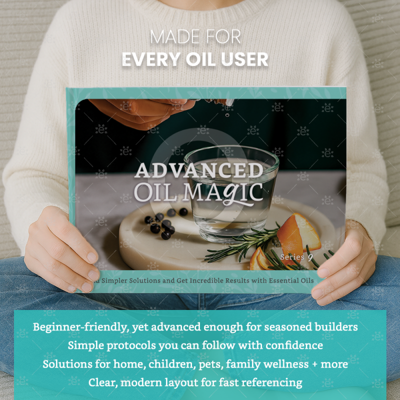 Advanced Oil Magic serie 9 innbundet bok om eteriske oljer holdt i hendene