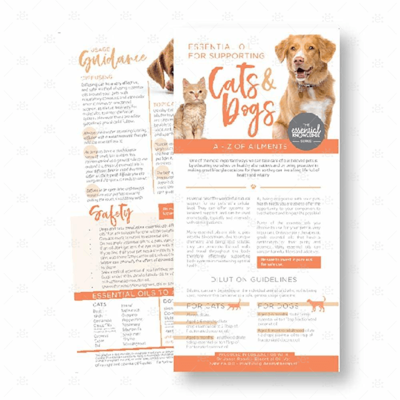Cats & Dogs A–Z of Ailments infokort med oversikt over vanlige plager hos hund og katt, anbefalte eteriske oljer og fortynningsveiledning.