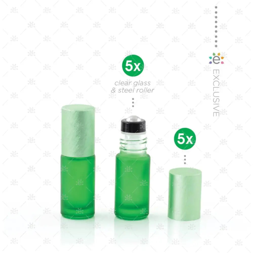 Deluxe Frosted 5Ml Green Roller Bottles With Metallic Caps & Premium Rollers (5 Pack) Glass Bottle