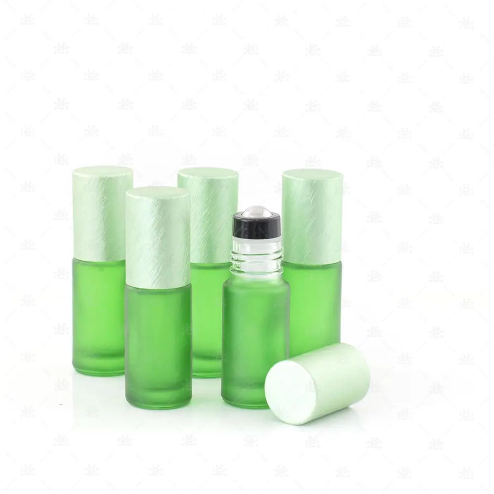 Deluxe Frosted 5ml Green Roller Bottles with Green Metallic Caps & Premium Rollers (5 pack) Glass Roller Bottle