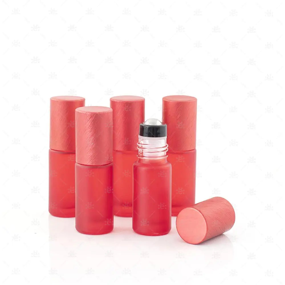 Deluxe Frosted 5ml Red Roller Bottles with Red Metallic Caps & Premium Roller (5 pack) Glass Roller Bottle