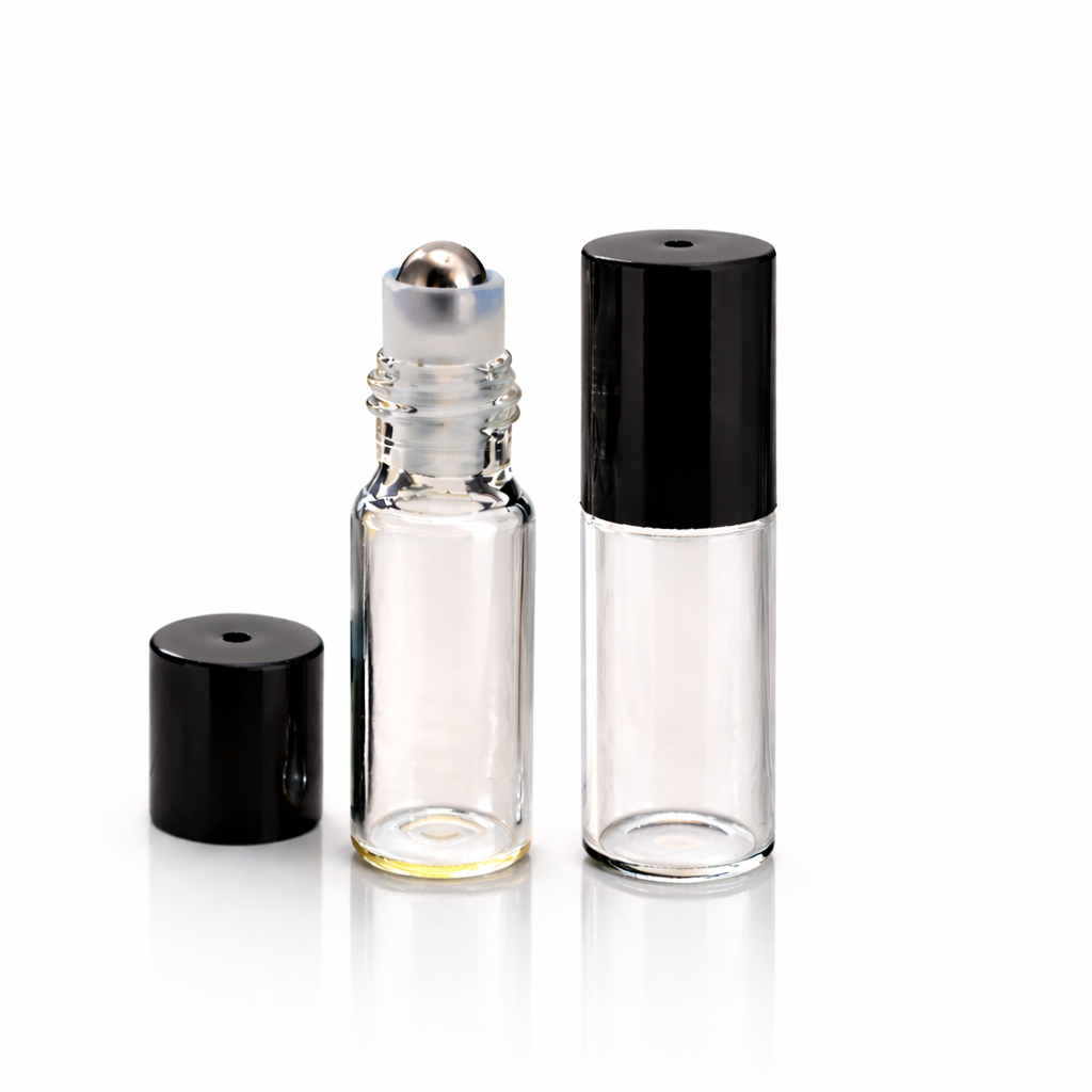 5 ml rollerflaske med metall rollerball og sort kork