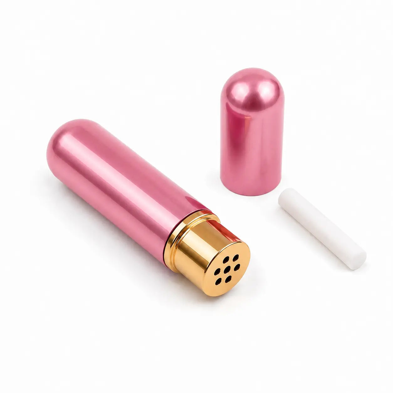Rosa aluminium neseinhalator med utskiftbar vattpinne for eteriske oljer
