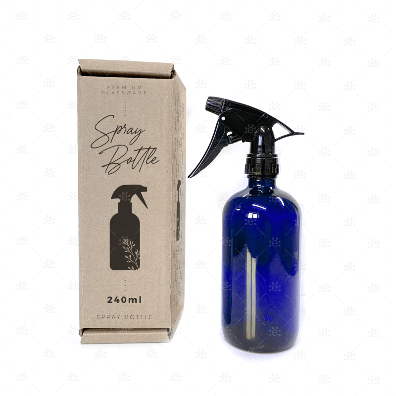Sprayflaske 240 ml blå glass med trigger og emballasje